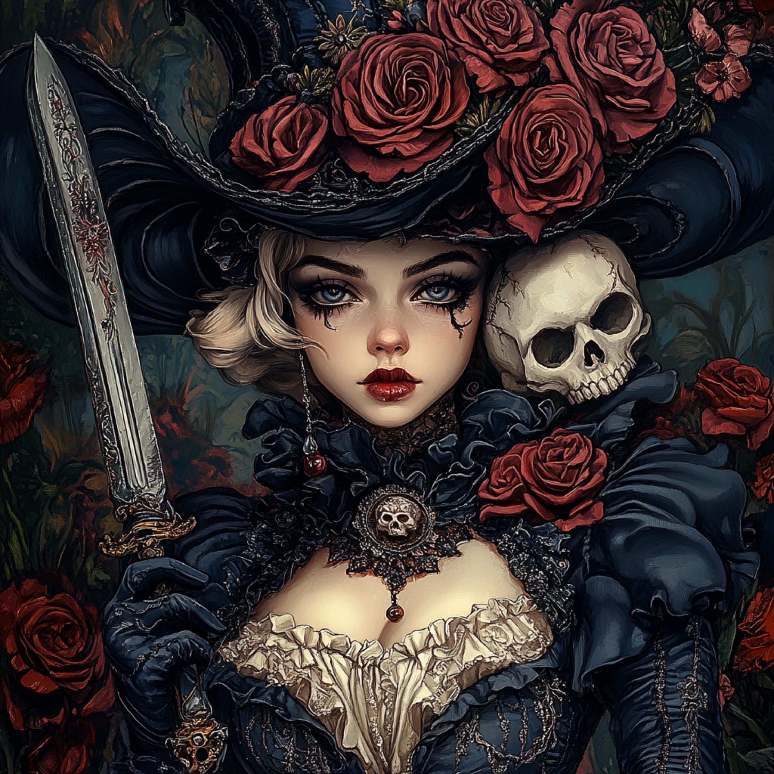 8 Victorian Gothic Art Digital Prints, Halloween Horror Digital Images, Skull and Roses Artwork, Spooky Victorian Lady Wall Decor