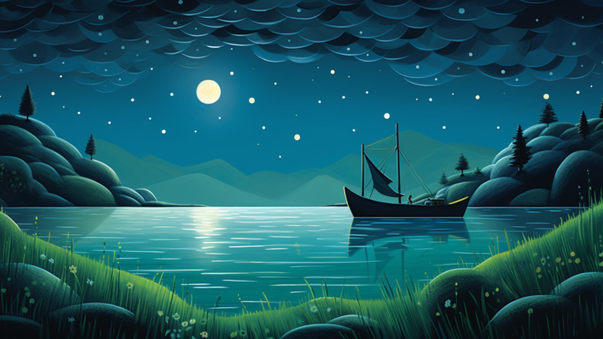 TWENTY Whimsical Sailboats Wall Art, Night Sky Digital Images, Teal Blue Lake Scene, Set of 20, Perfect for Home Decor, Unique Art Prints