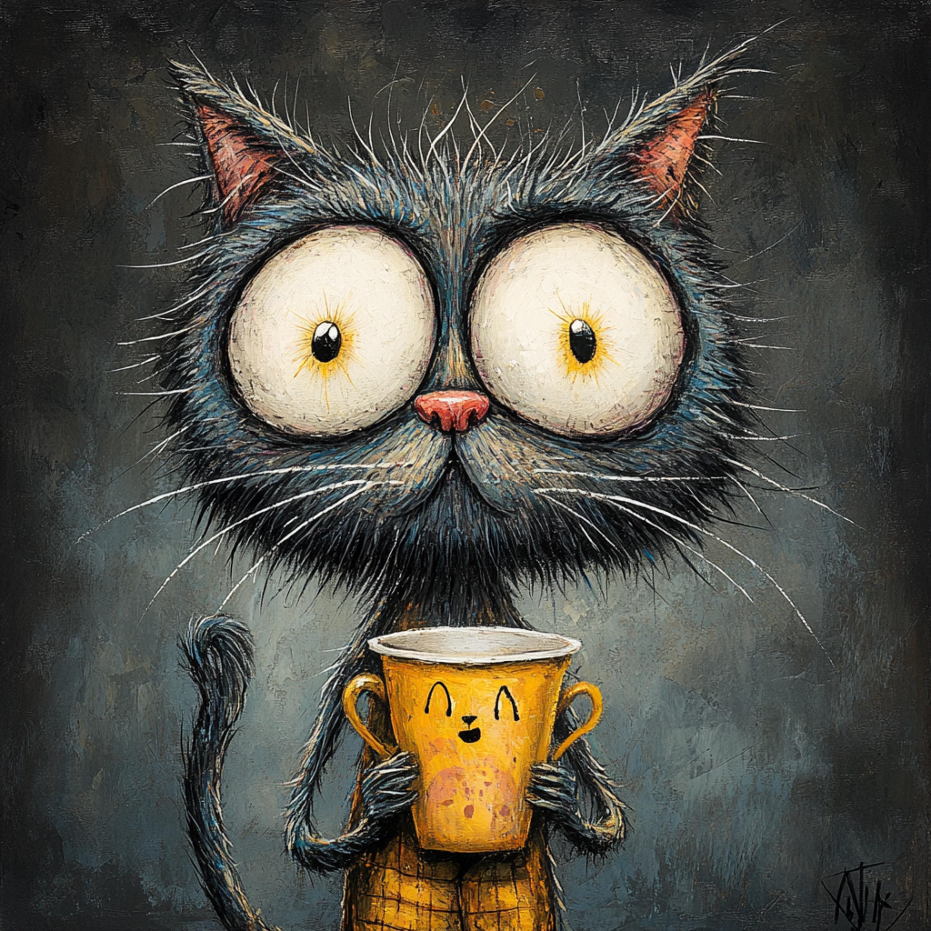 TWELVE Cute Cartoon Cats with Coffee Digital Art, Square Artwork for Playroom and Nursery, Set of 12 Large Digital Images