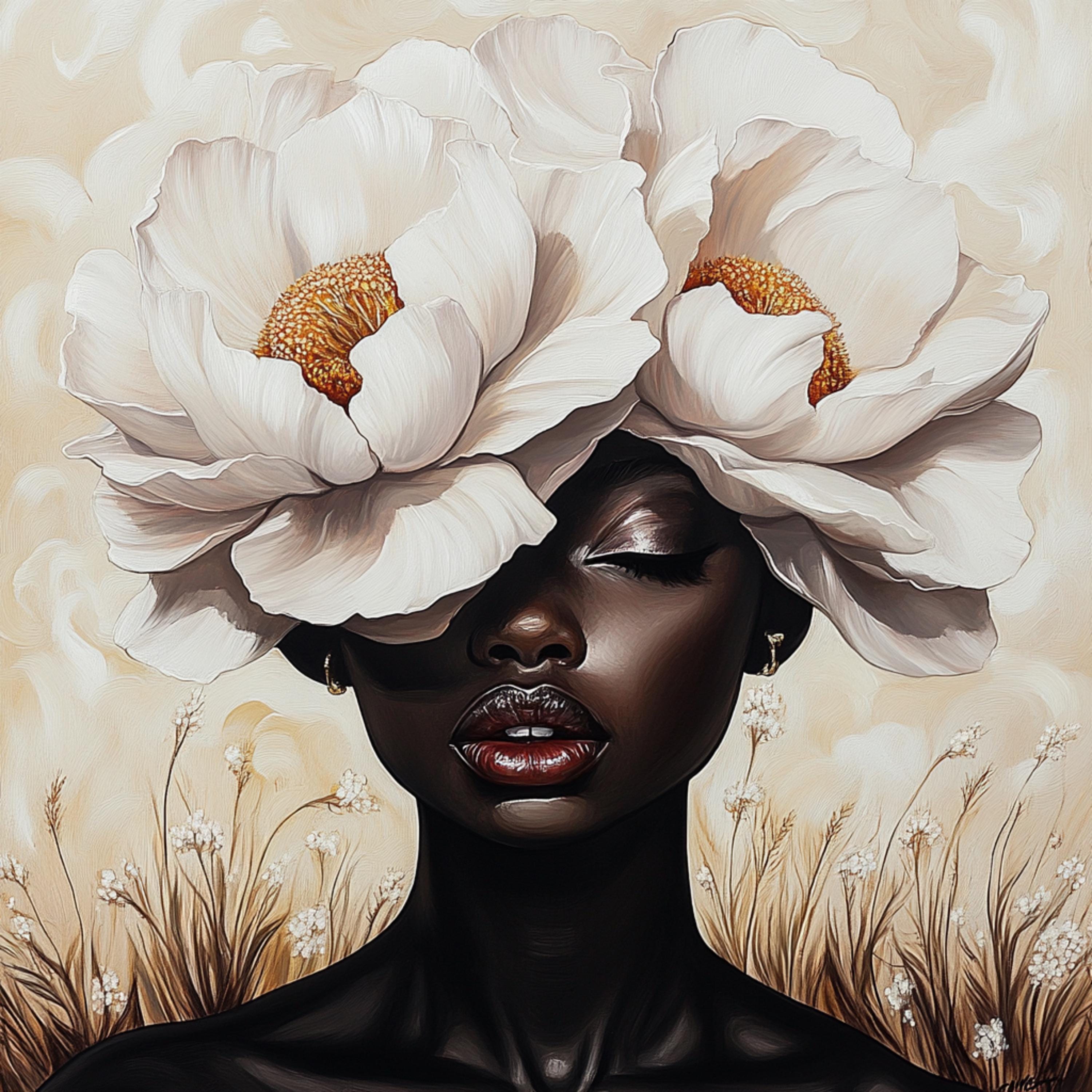 ELEVEN Stunning Black Female Model with Flowers Art, Fashion Shoot Digital Image, Large Square Artwork for Beauty Salon Decor