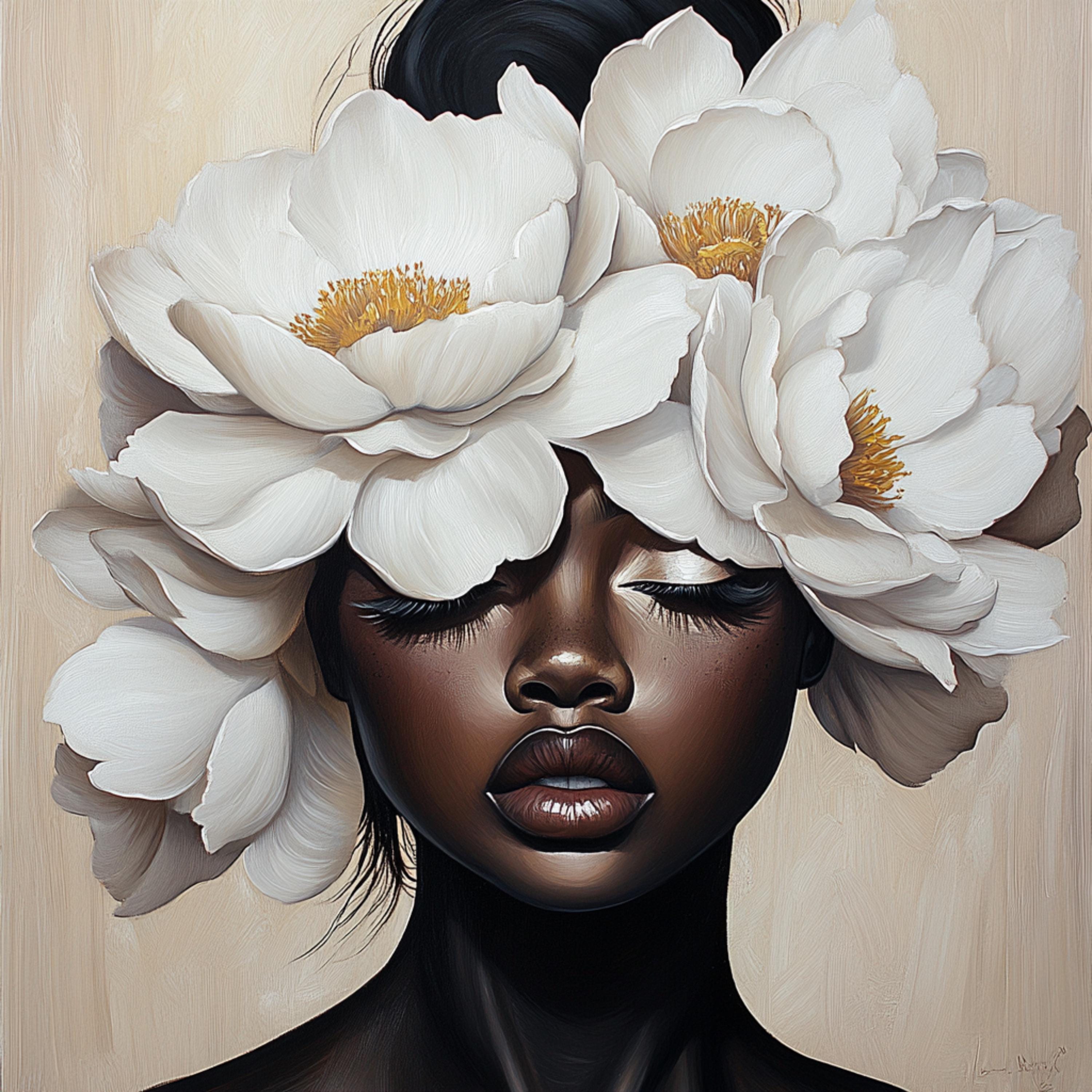 ELEVEN Stunning Black Female Model with Flowers Art, Fashion Shoot Digital Image, Large Square Artwork for Beauty Salon Decor
