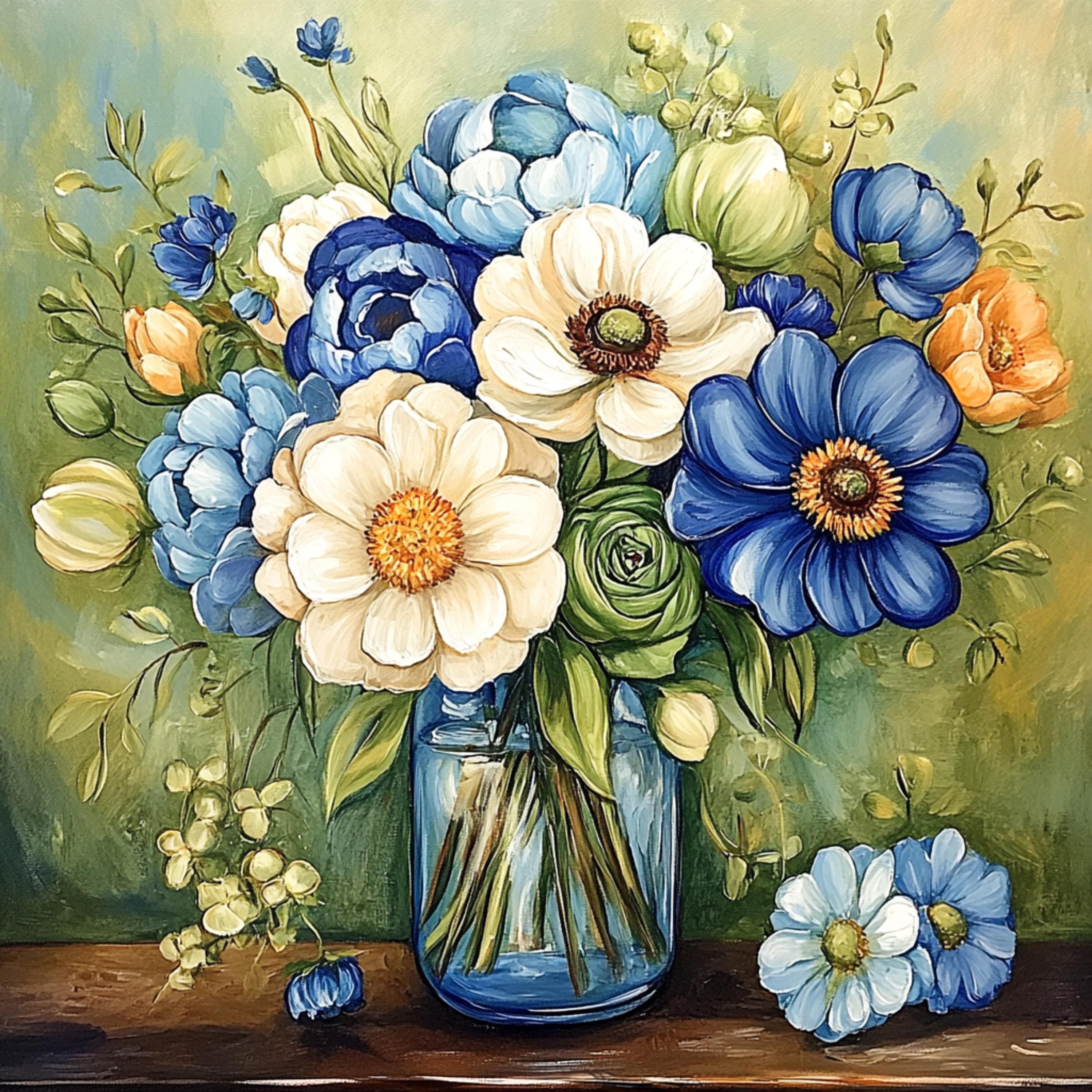 11 Beautiful Blue Flowers Wall Art, Large Square Digital Wall Art, Floral Art for Home Decor, Blue Flower Art Print, Gift For Her.