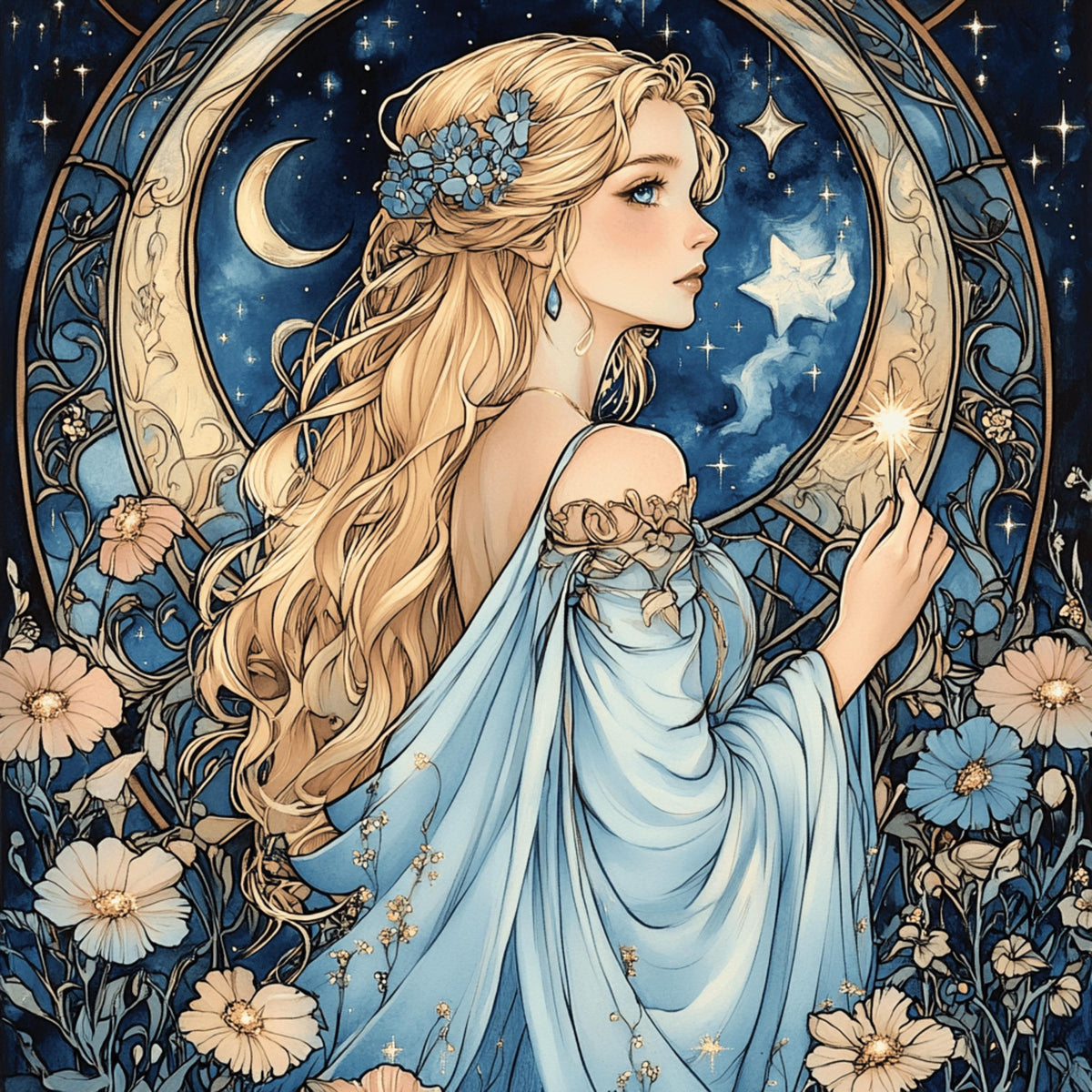 8 Fantasy Moonlit Woman Art, Digital Download, Square Artwork, Blue Tones Art Print, Ethereal Digital Art, Instant Download