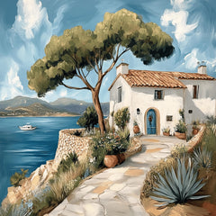 8 Mediterranean Coastal Village Print, Ocean View Wall Art, Nautical Decor Poster, Serene Seaside Painting, Tranquil Maritime Scene