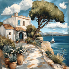 8 Mediterranean Coastal Village Print, Ocean View Wall Art, Nautical Decor Poster, Serene Seaside Painting, Tranquil Maritime Scene