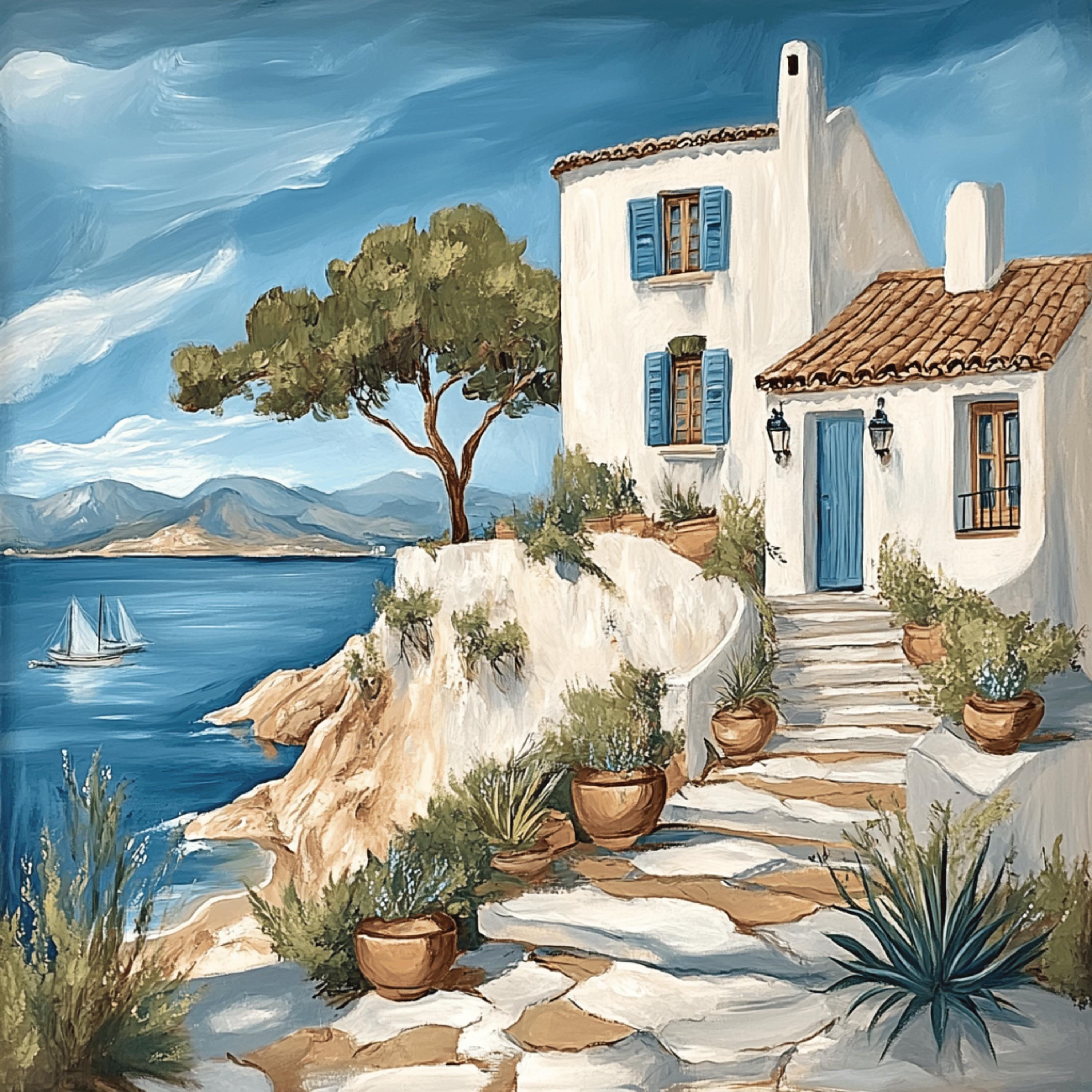 8 Mediterranean Coastal Village Print, Ocean View Wall Art, Nautical Decor Poster, Serene Seaside Painting, Tranquil Maritime Scene