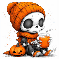Cute Pumpkin Spice Girl And Skeleton Boy Halloween Art Poster, Big Eyes Orange Wall Decor, Spooky Autumn Themed Artwork, Unique Halloween