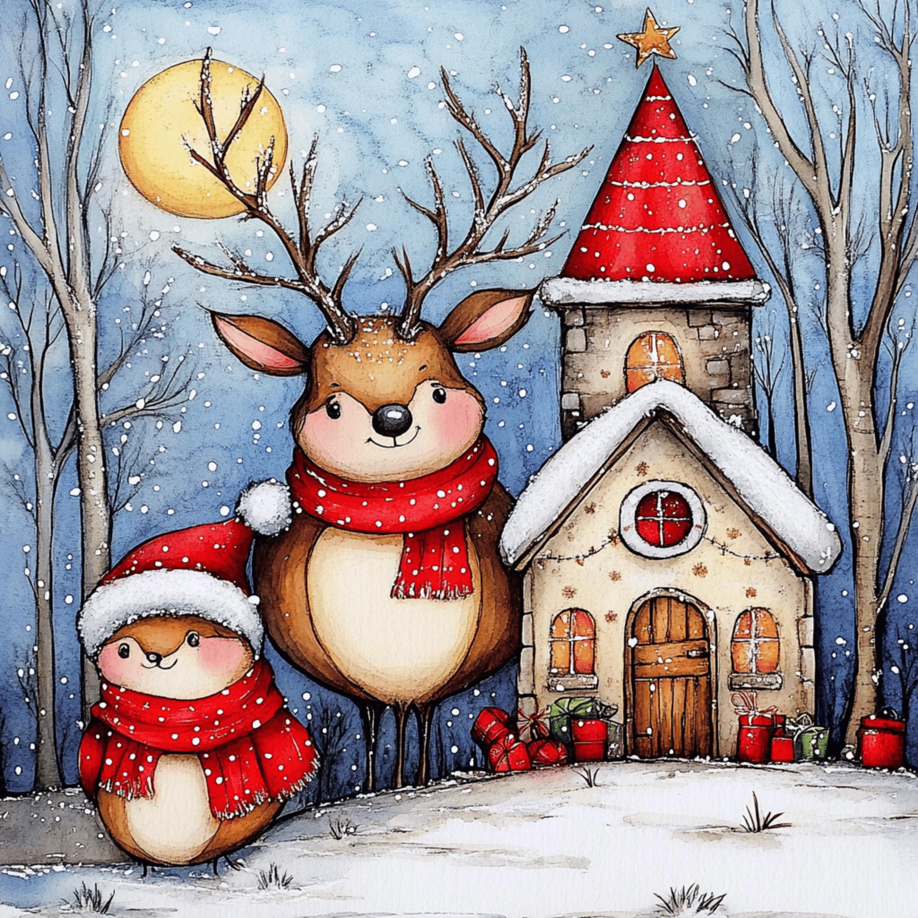 Christmas Digital Art Set Of EIGHT Winter Wonderland, Snowy Village Scenes, Holiday Wall Decor Nursery Art, Festive Kids Room, Square Prints