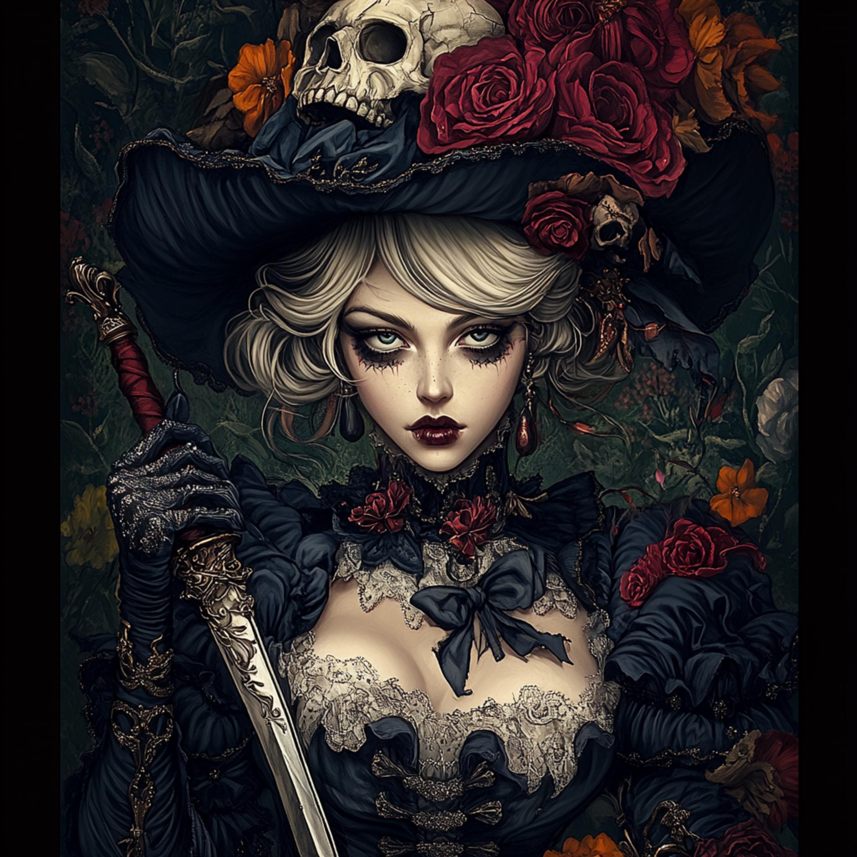 8 Victorian Gothic Art Digital Prints, Halloween Horror Digital Images, Skull and Roses Artwork, Spooky Victorian Lady Wall Decor