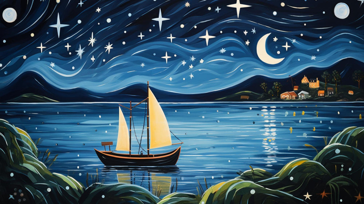 TWENTY Whimsical Sailboats Wall Art, Night Sky Digital Images, Teal Blue Lake Scene, Set of 20, Perfect for Home Decor, Unique Art Prints