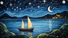 TWENTY Whimsical Sailboats Wall Art, Night Sky Digital Images, Teal Blue Lake Scene, Set of 20, Perfect for Home Decor, Unique Art Prints