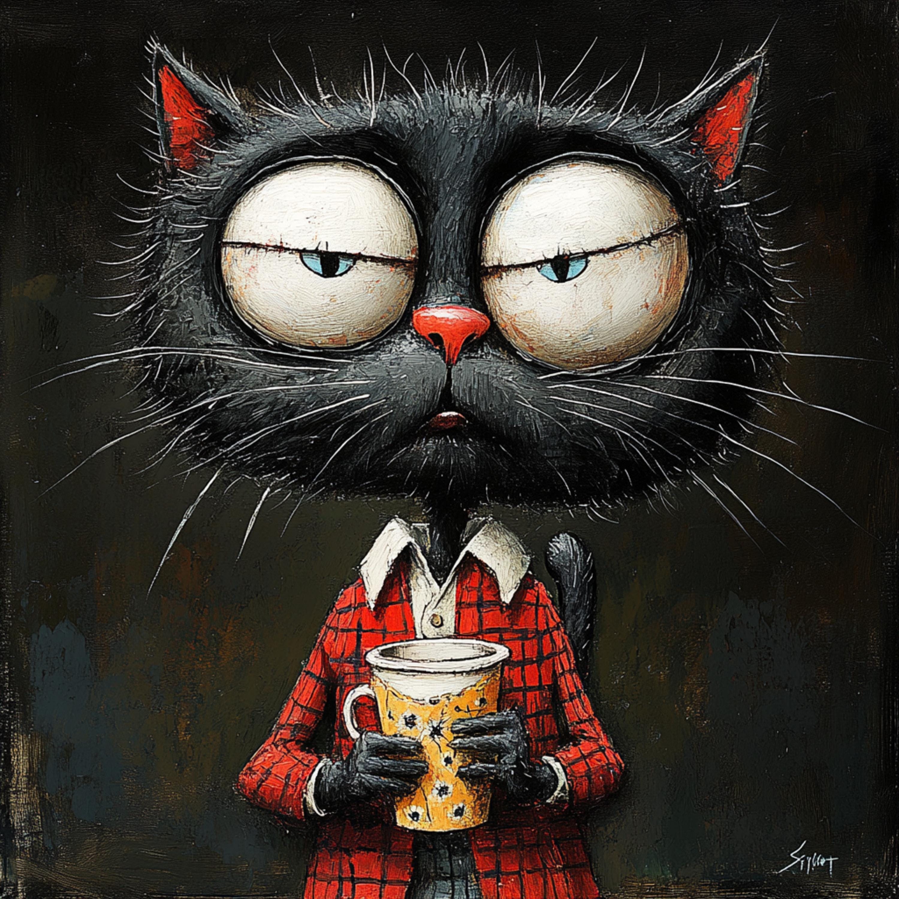 TWELVE Cute Cartoon Cats with Coffee Digital Art, Square Artwork for Playroom and Nursery, Set of 12 Large Digital Images