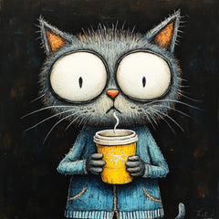TWELVE Cute Cartoon Cats with Coffee Digital Art, Square Artwork for Playroom and Nursery, Set of 12 Large Digital Images