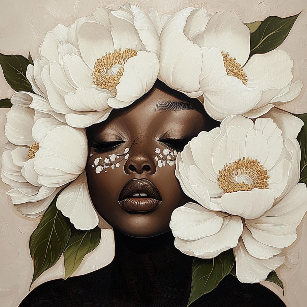 ELEVEN Stunning Black Female Model with Flowers Art, Fashion Shoot Digital Image, Large Square Artwork for Beauty Salon Decor
