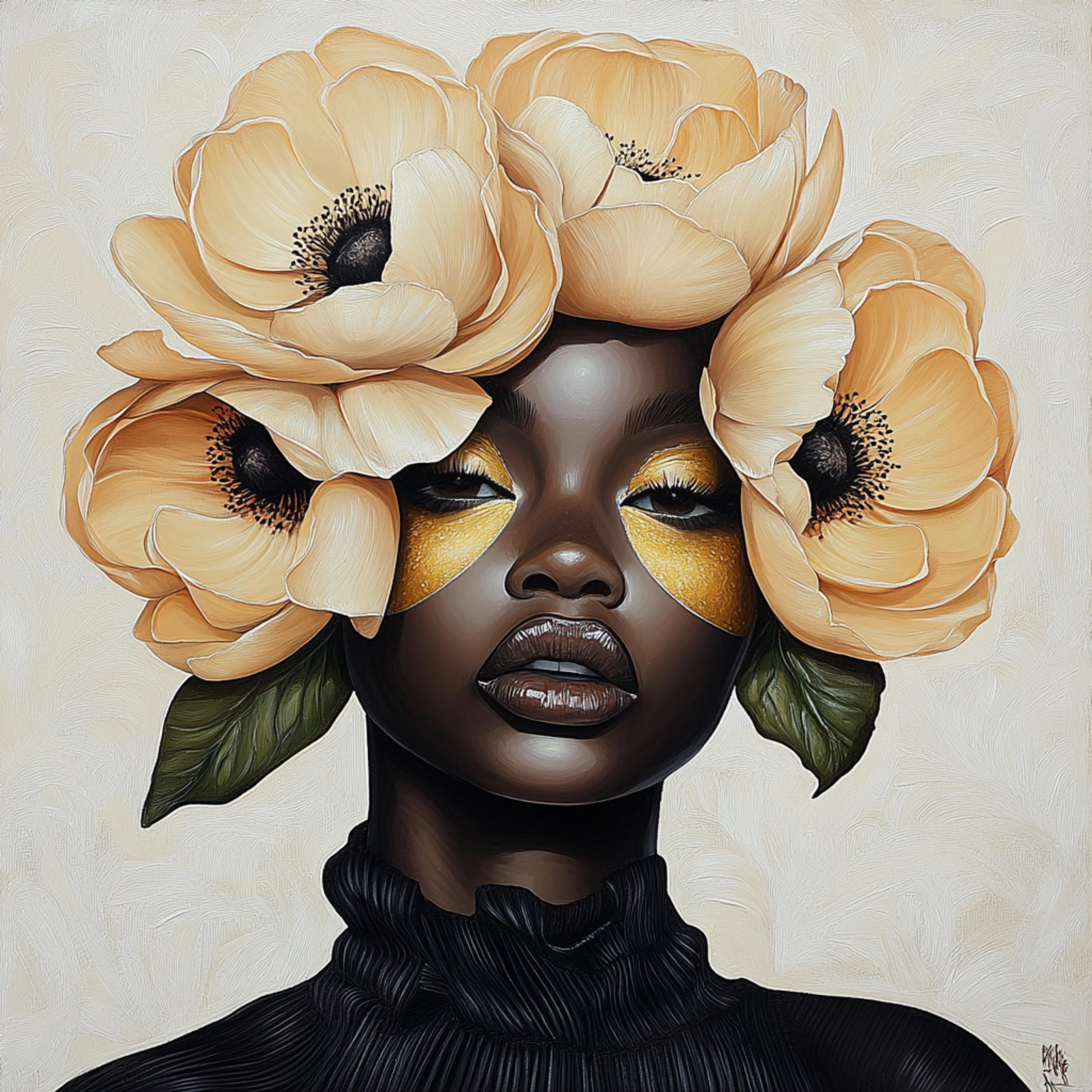ELEVEN Stunning Black Female Model with Flowers Art, Fashion Shoot Digital Image, Large Square Artwork for Beauty Salon Decor