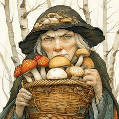 12 Whimsical Witch with Basket of Mushrooms Poster, Enchanted Forest Print, Mystical Mushroom Wall Art, Fairytale Decor Fantasy Illustration