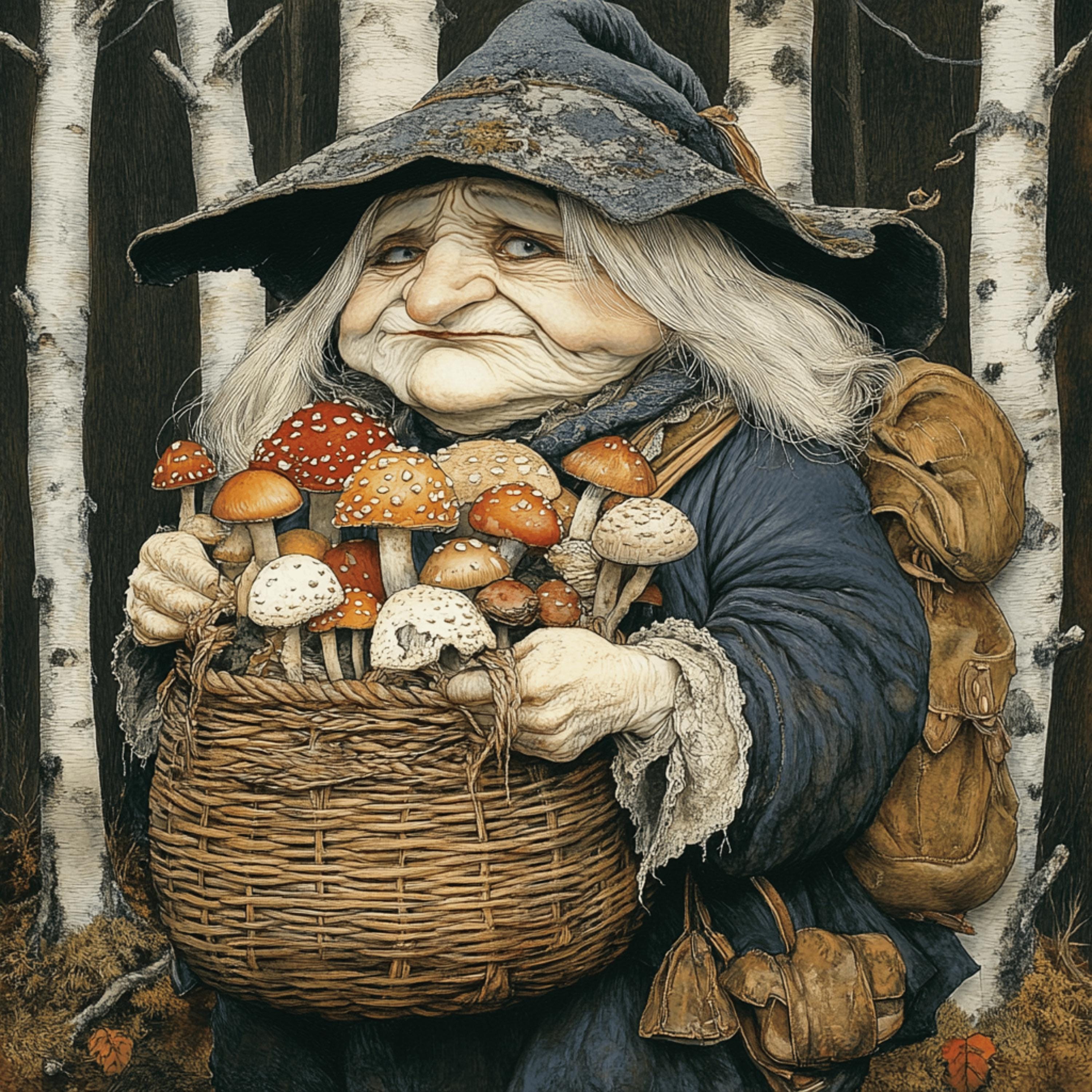 12 Whimsical Witch with Basket of Mushrooms Poster, Enchanted Forest Print, Mystical Mushroom Wall Art, Fairytale Decor Fantasy Illustration