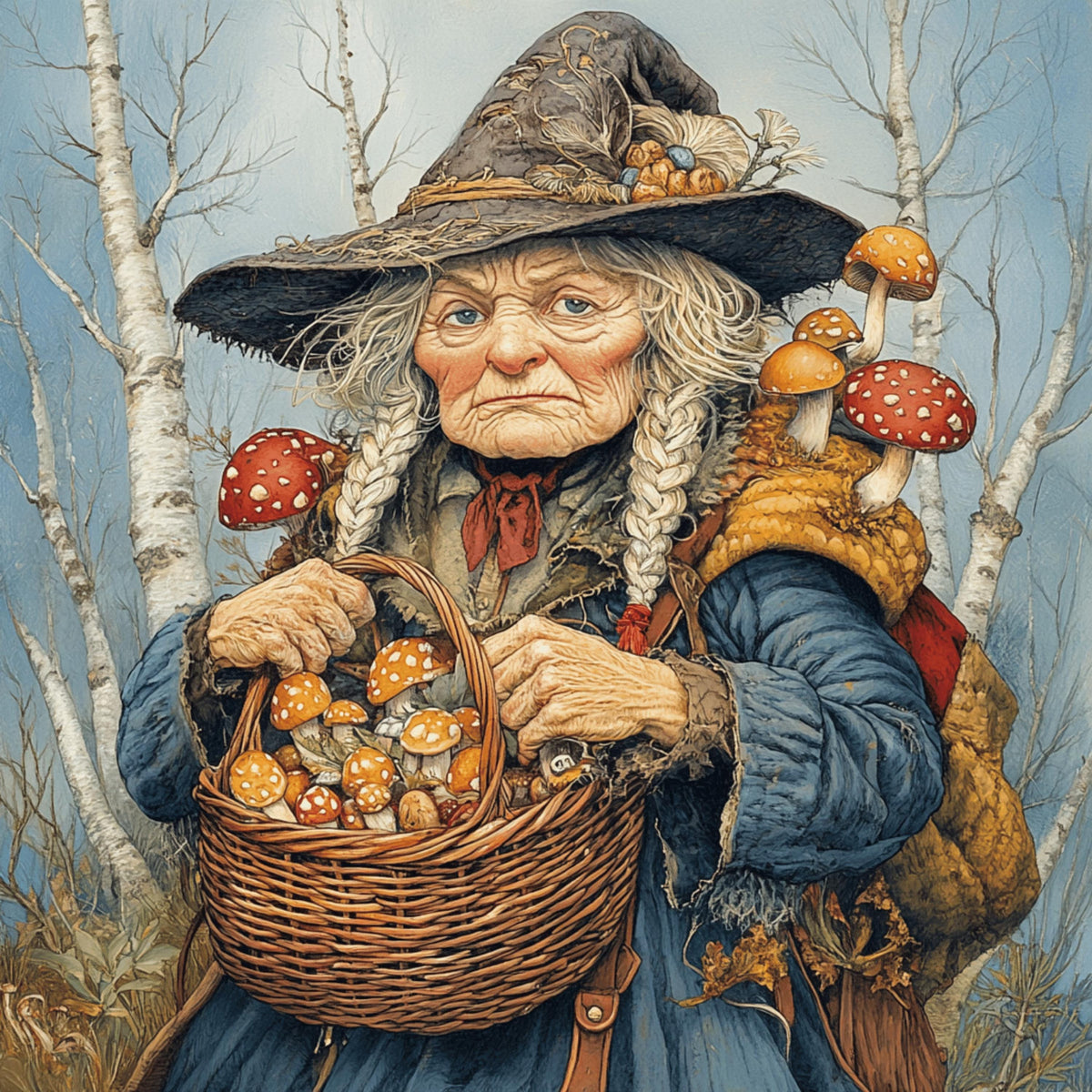 12 Whimsical Witch with Basket of Mushrooms Poster, Enchanted Forest Print, Mystical Mushroom Wall Art, Fairytale Decor Fantasy Illustration