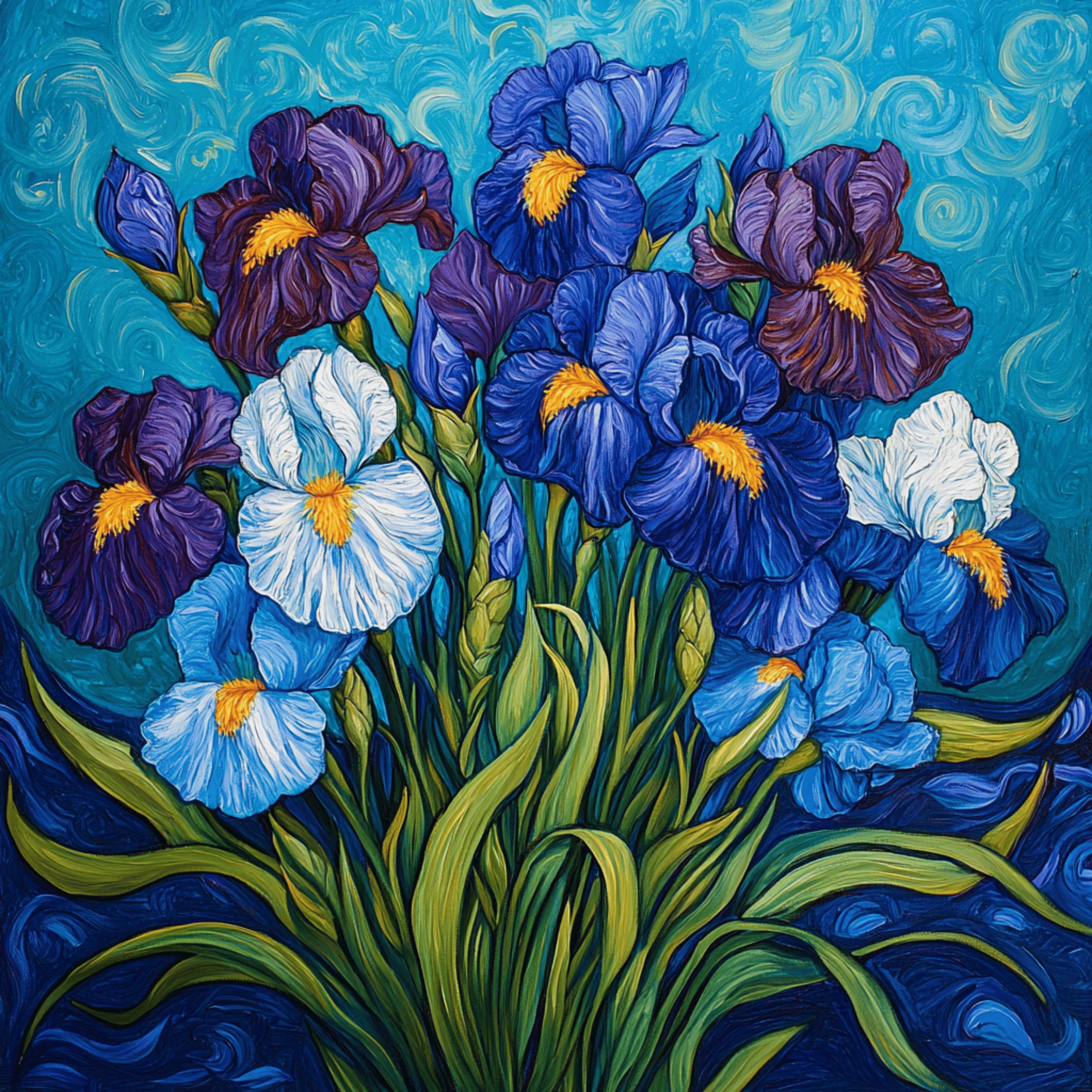 8 Stunning Floral Bouquet in Vase Poster, Irises and White Flowers Print, Vibrant Blue Art Decor, Botanical Wall Art