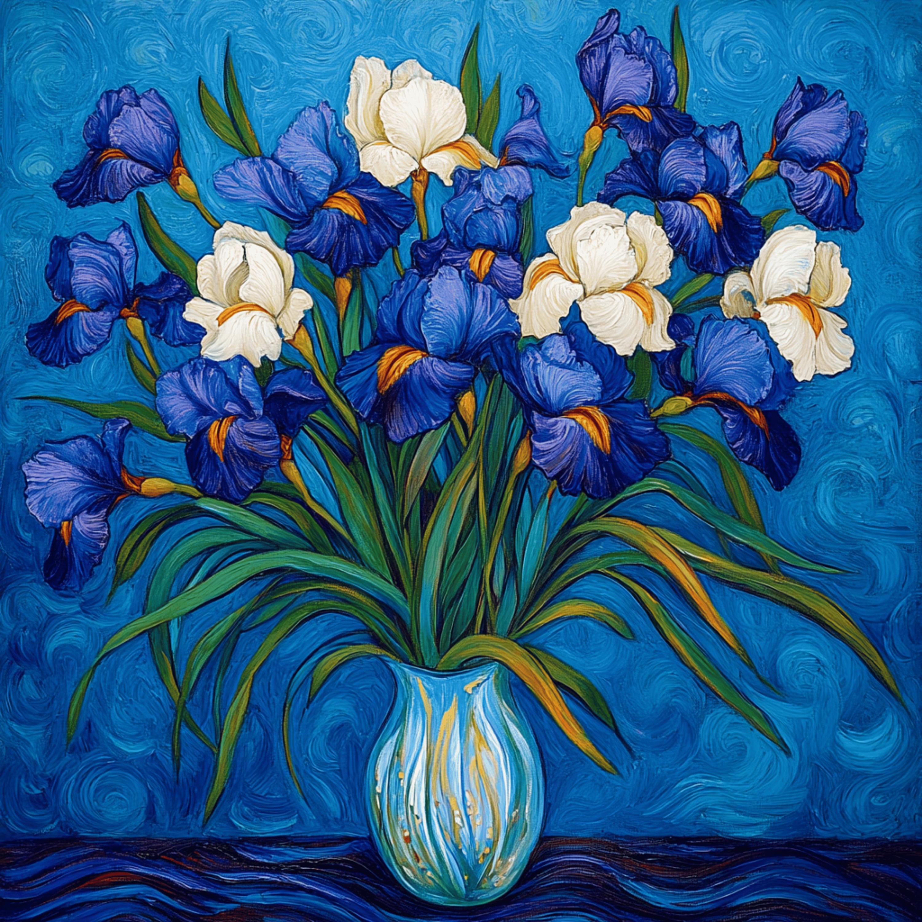 8 Stunning Floral Bouquet in Vase Poster, Irises and White Flowers Print, Vibrant Blue Art Decor, Botanical Wall Art
