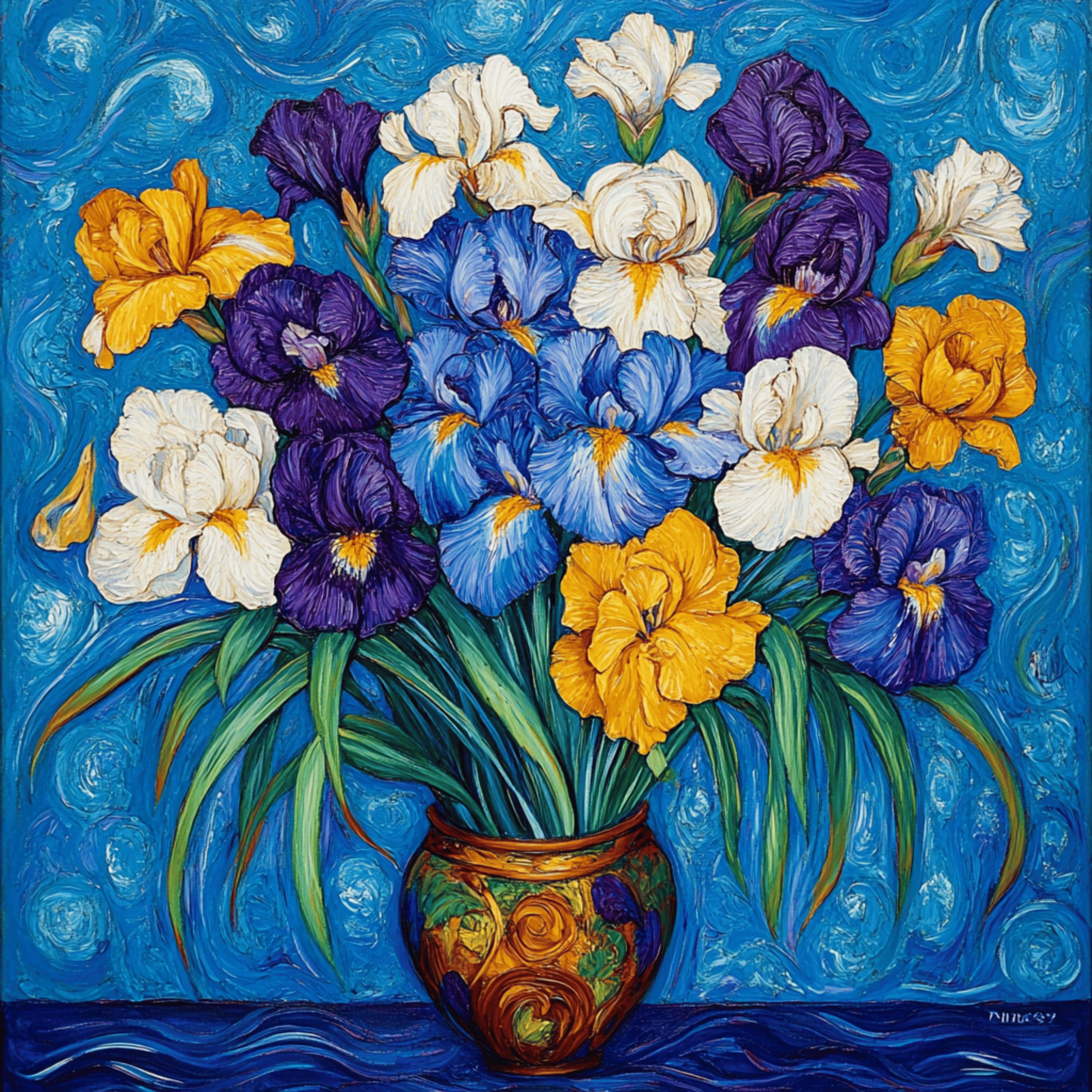 8 Stunning Floral Bouquet in Vase Poster, Irises and White Flowers Print, Vibrant Blue Art Decor, Botanical Wall Art