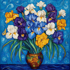 8 Stunning Floral Bouquet in Vase Poster, Irises and White Flowers Print, Vibrant Blue Art Decor, Botanical Wall Art