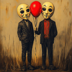 8 Men In A Mask Poster, Red Balloons, Twin Figures Art Print, Unique Home Decor, Wall Art, Horror Room Print, Gift Idea, Halloween.