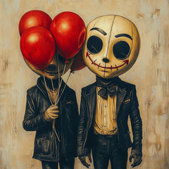 8 Men In A Mask Poster, Red Balloons, Twin Figures Art Print, Unique Home Decor, Wall Art, Horror Room Print, Gift Idea, Halloween.