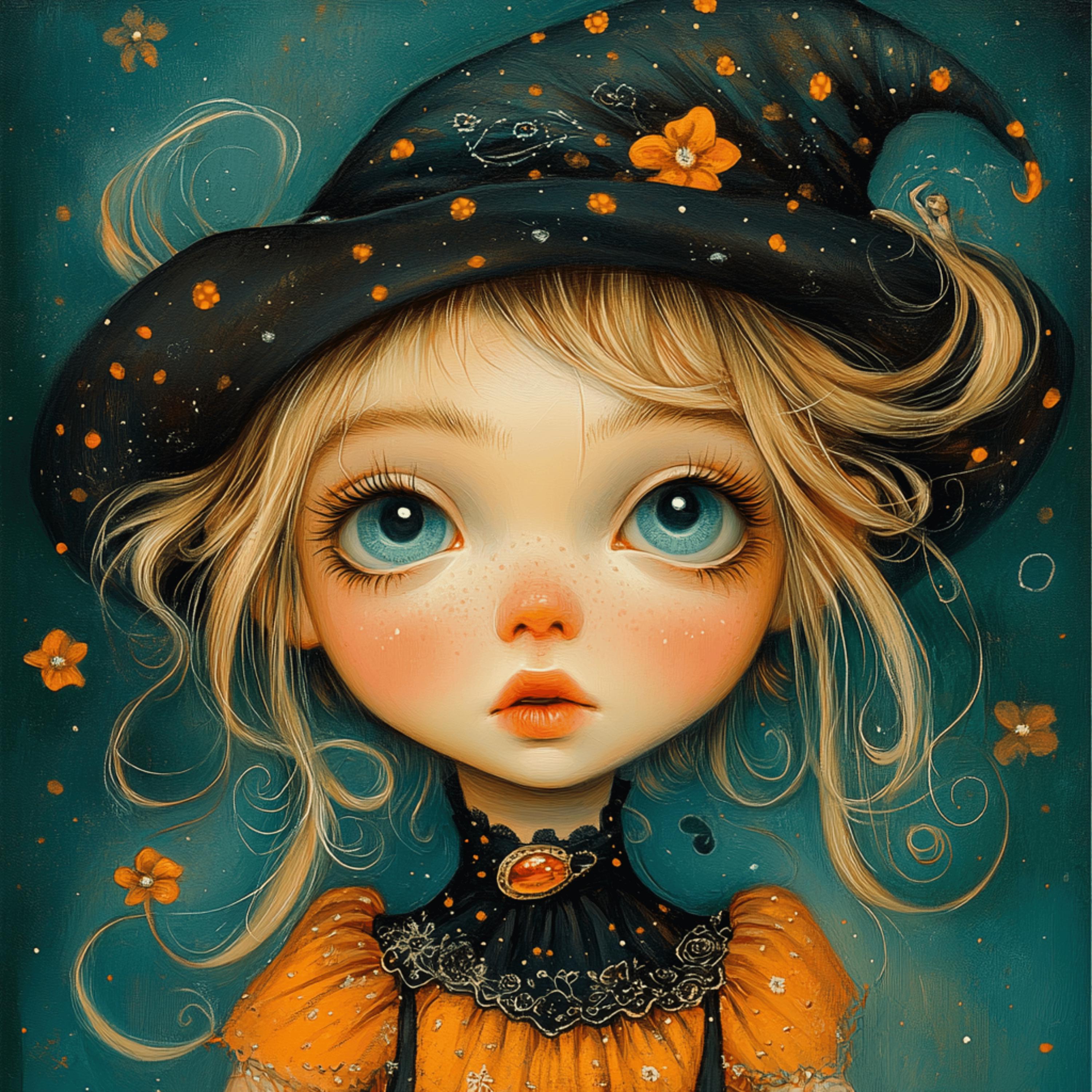 16 Whimsical Witch Art Poster Cute Witch Girl Decor Fantasy Wall Art Halloween Kids Room Poster Magical Young Witch Illustration Printable