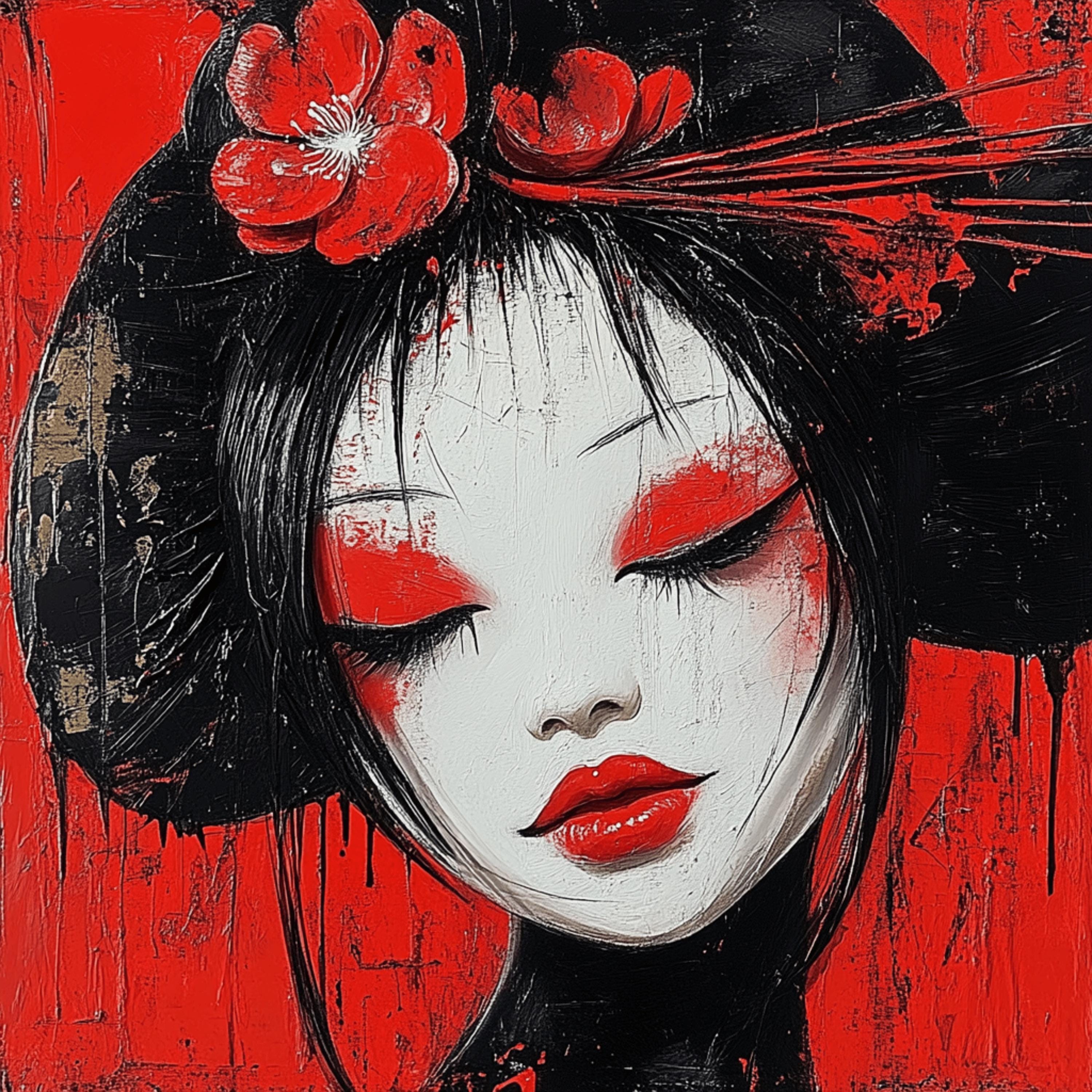 8 Geisha Wall Art Print, Japanese Inspired Poster, Bold Red and Black Decor, Modern Home Decor, Art for Living Room or Bedroom