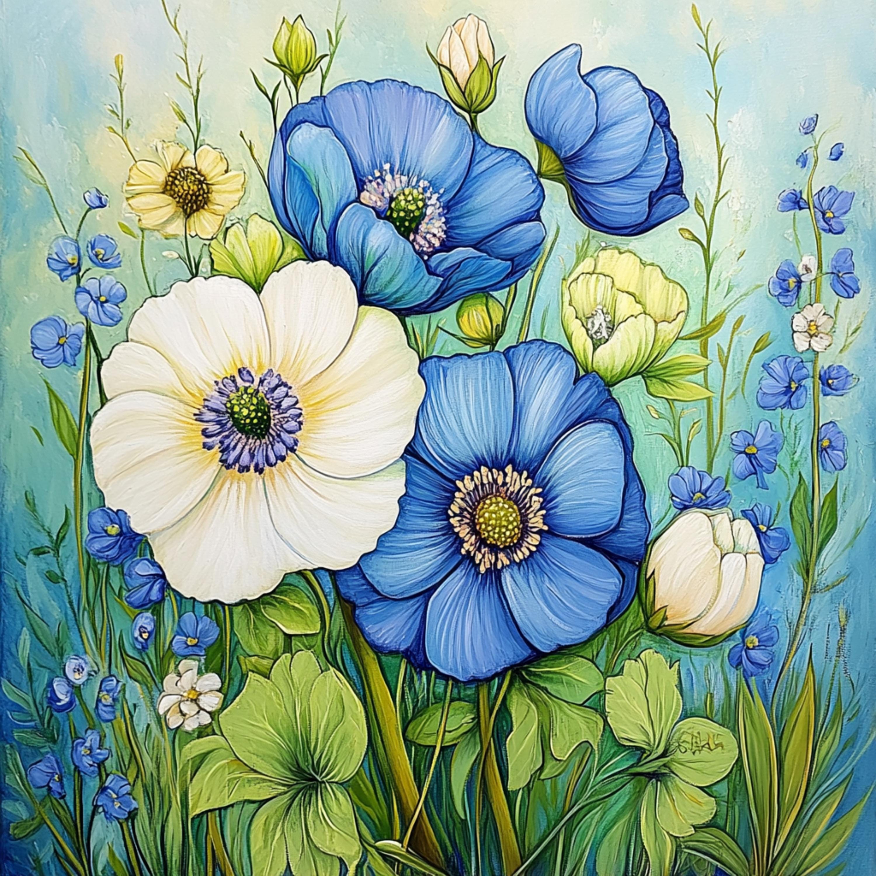 11 Beautiful Blue Flowers Wall Art, Large Square Digital Wall Art, Floral Art for Home Decor, Blue Flower Art Print, Gift For Her.