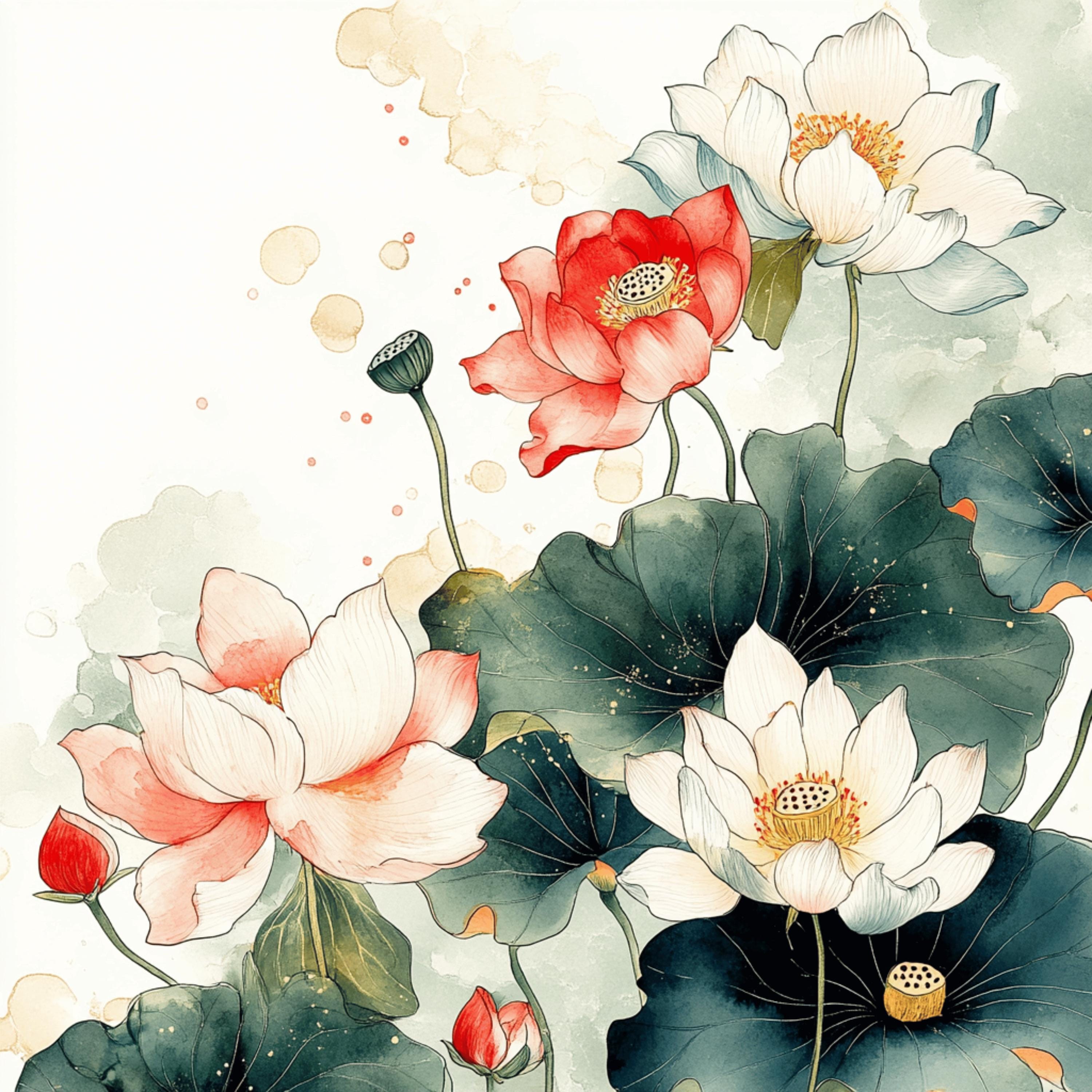 Floral Alcohol Ink Set, 11 Digital Art Prints, Chinese Art Style, Large Square Artwork, Vibrant Flowers, Wall Decor