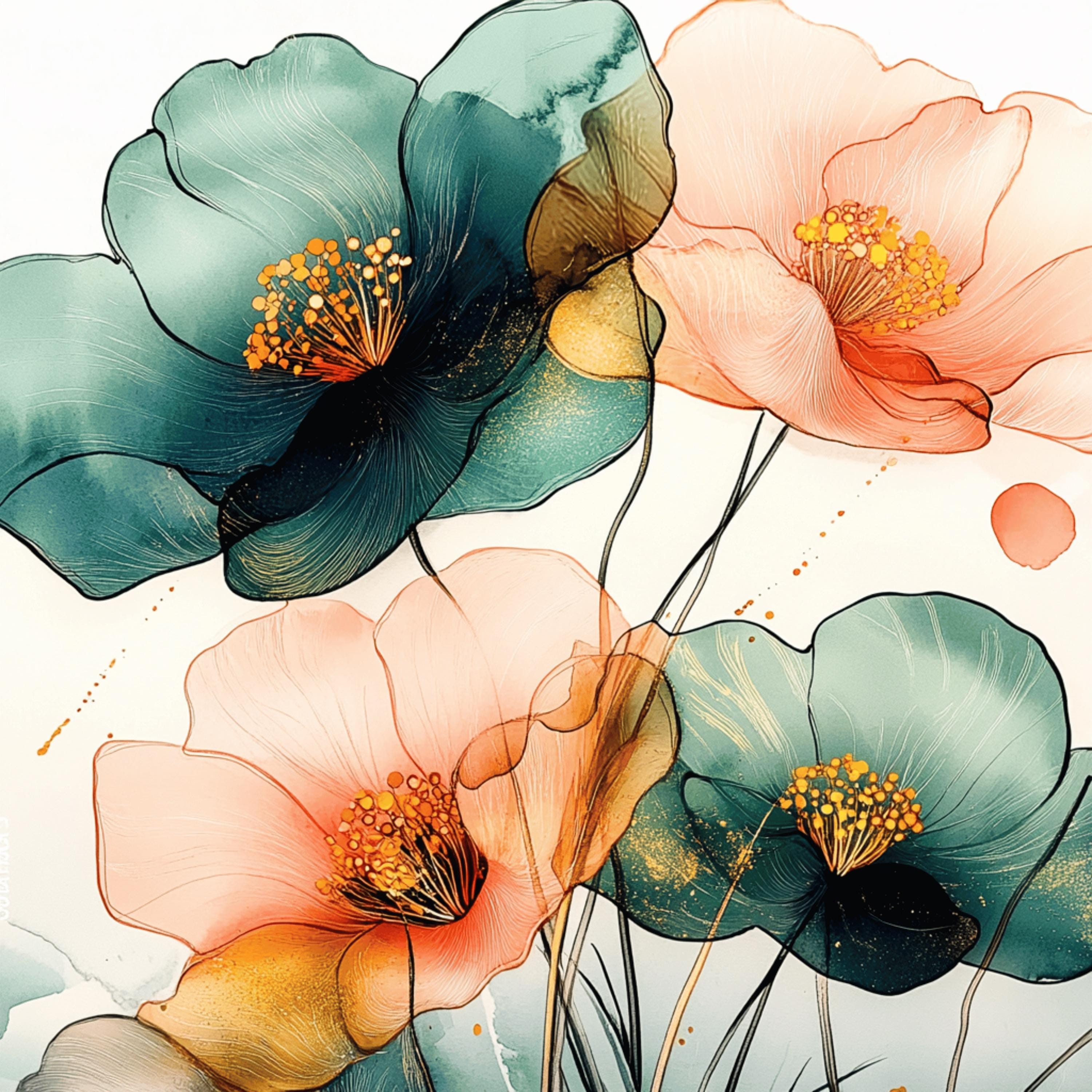 Floral Alcohol Ink Set, 11 Digital Art Prints, Chinese Art Style, Large Square Artwork, Vibrant Flowers, Wall Decor