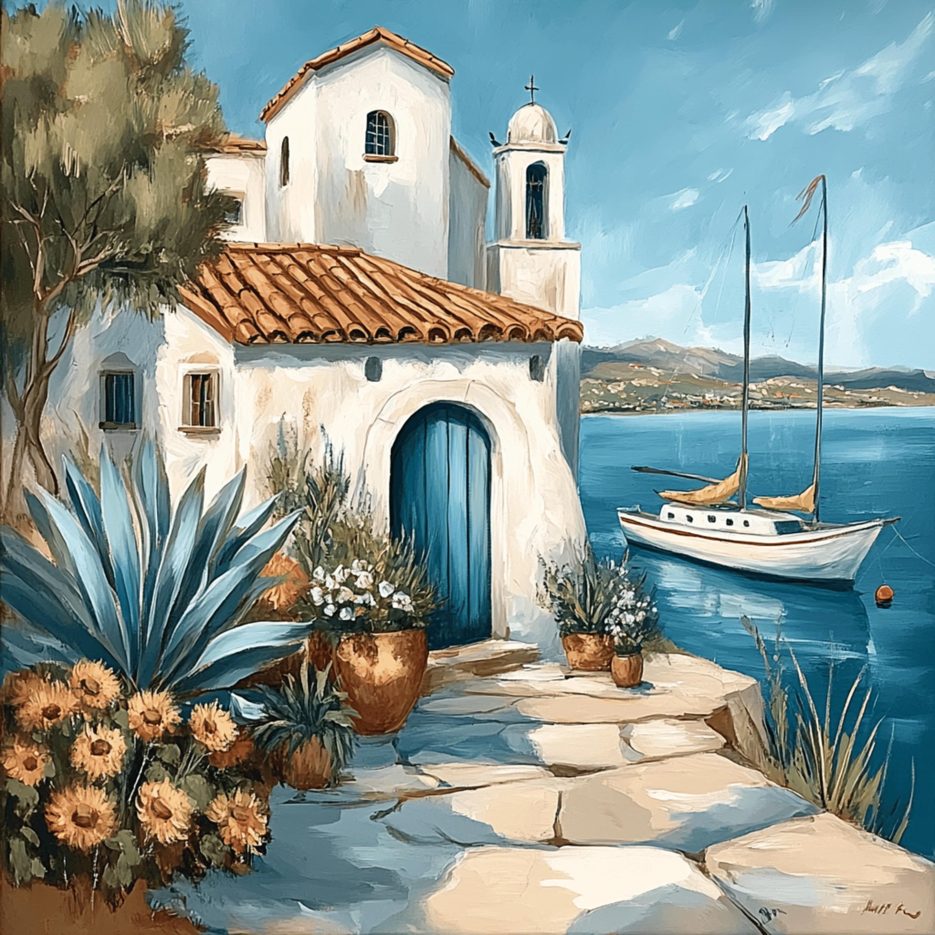 8 Mediterranean Coastal Village Print, Ocean View Wall Art, Nautical Decor Poster, Serene Seaside Painting, Tranquil Maritime Scene