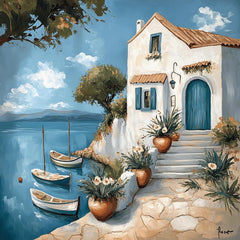 8 Mediterranean Coastal Village Print, Ocean View Wall Art, Nautical Decor Poster, Serene Seaside Painting, Tranquil Maritime Scene