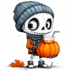 Cute Pumpkin Spice Girl And Skeleton Boy Halloween Art Poster, Big Eyes Orange Wall Decor, Spooky Autumn Themed Artwork, Unique Halloween