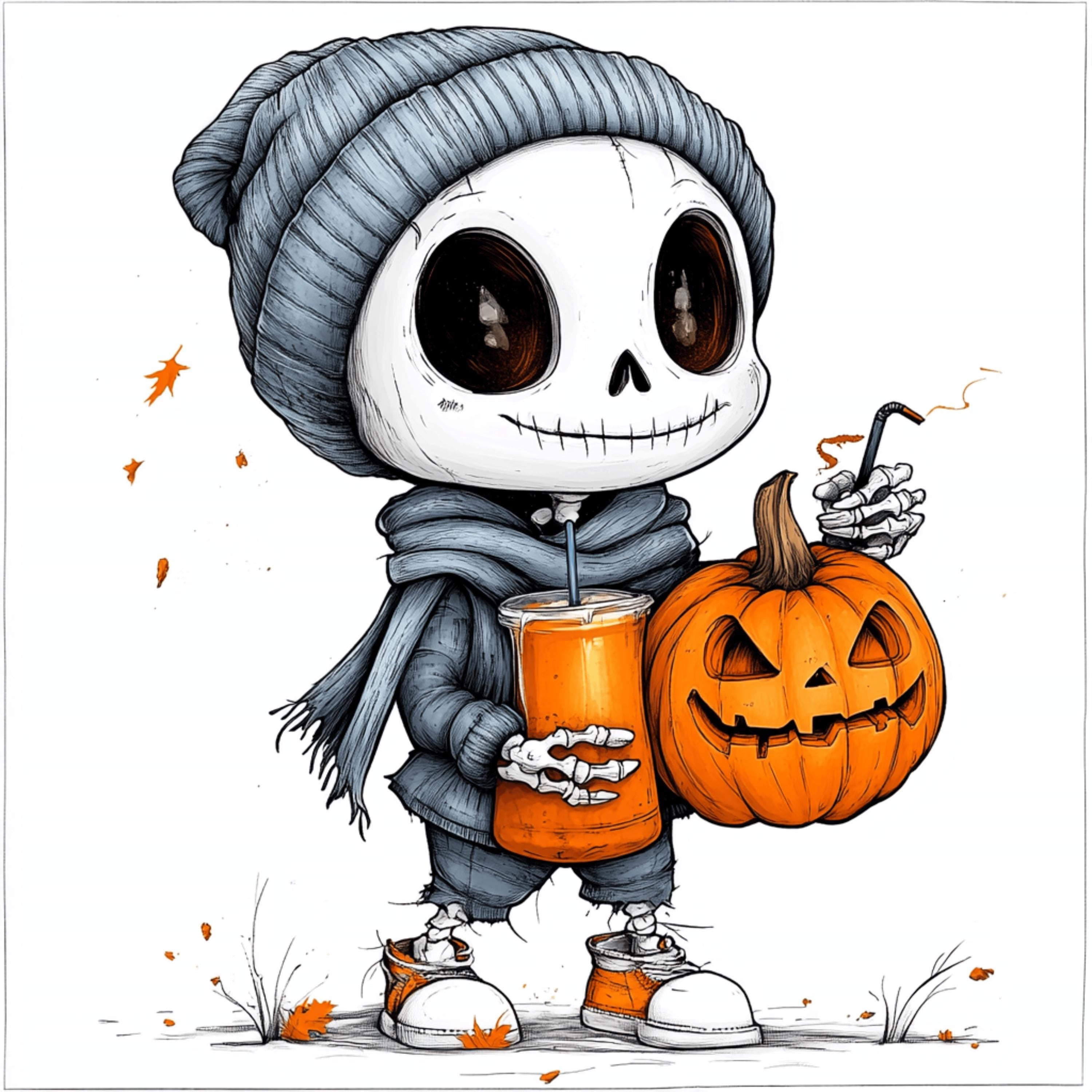 Cute Pumpkin Spice Girl And Skeleton Boy Halloween Art Poster, Big Eyes Orange Wall Decor, Spooky Autumn Themed Artwork, Unique Halloween