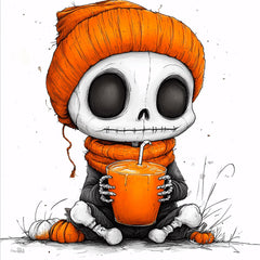 Cute Pumpkin Spice Girl And Skeleton Boy Halloween Art Poster, Big Eyes Orange Wall Decor, Spooky Autumn Themed Artwork, Unique Halloween
