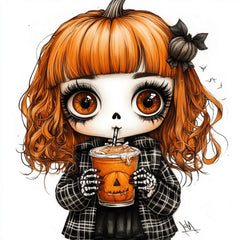 Cute Pumpkin Spice Girl And Skeleton Boy Halloween Art Poster, Big Eyes Orange Wall Decor, Spooky Autumn Themed Artwork, Unique Halloween
