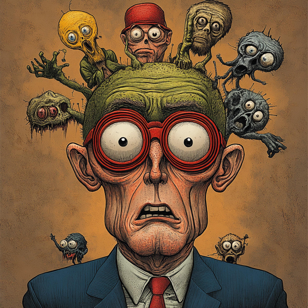 Funny Conspiracy Theory Caricatures Poster, 11 Digital Images, Large Square Artwork, Quirky Wall Art, Unique Decor for Home Office