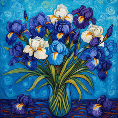 8 Stunning Floral Bouquet in Vase Poster, Irises and White Flowers Print, Vibrant Blue Art Decor, Botanical Wall Art