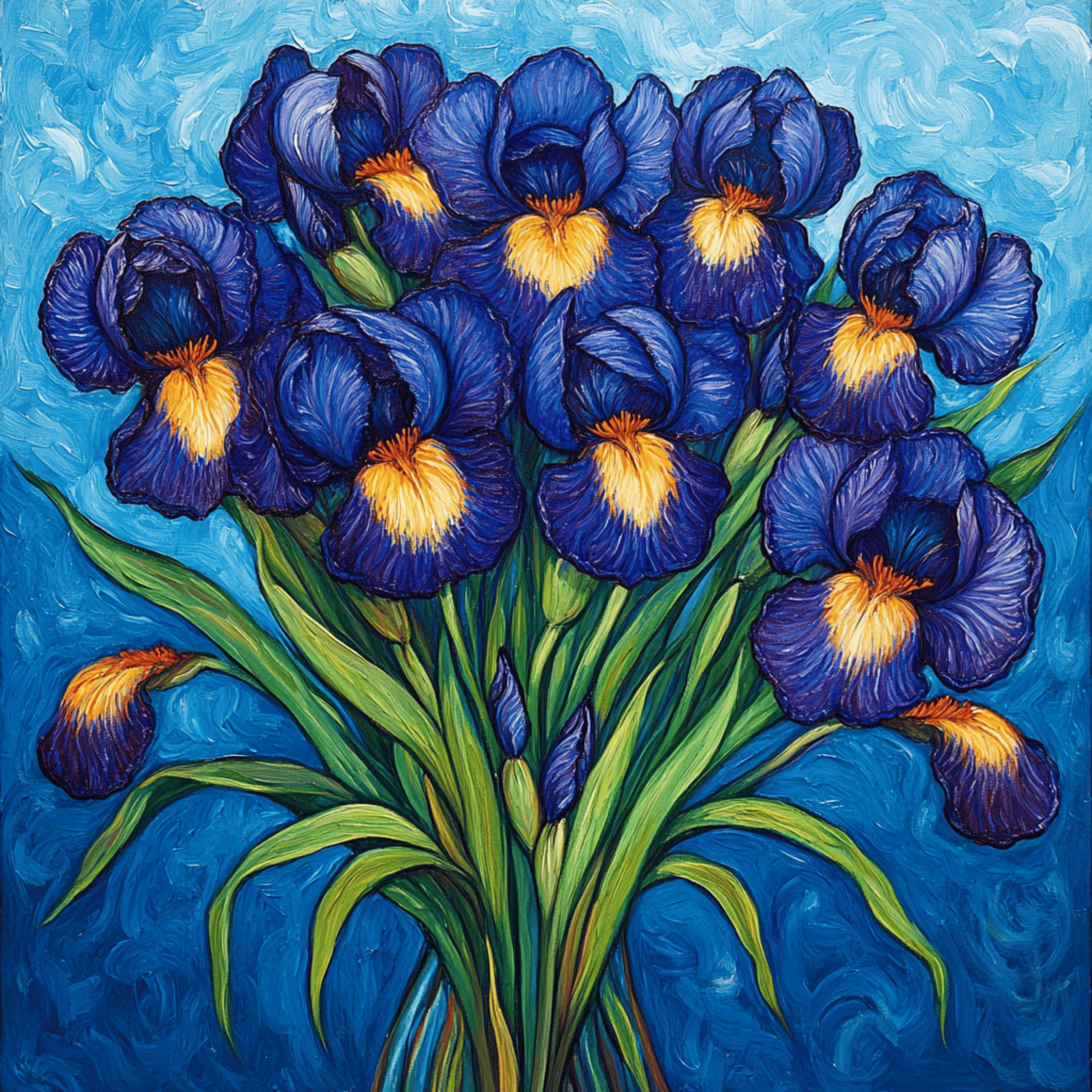 8 Stunning Floral Bouquet in Vase Poster, Irises and White Flowers Print, Vibrant Blue Art Decor, Botanical Wall Art