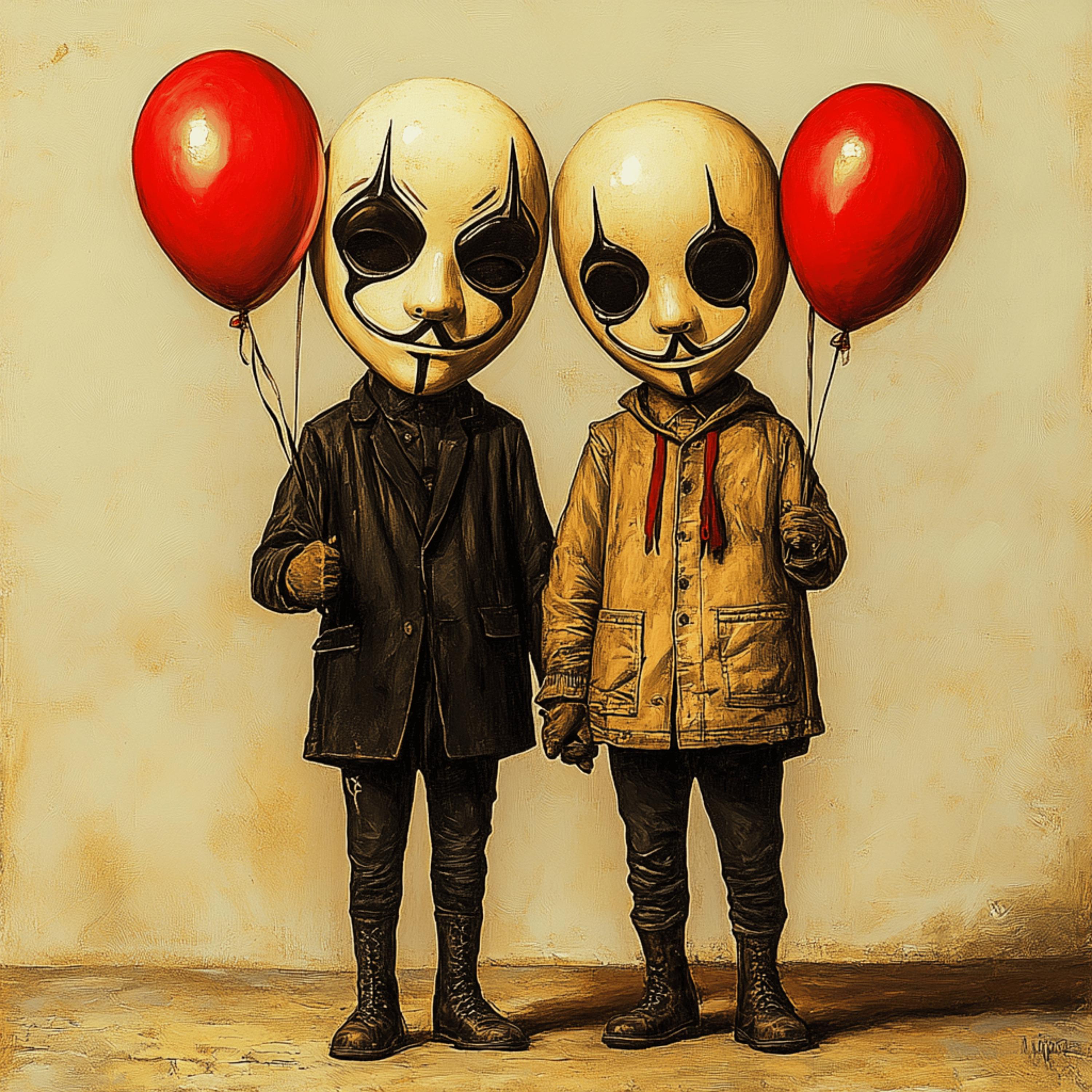 8 Men In A Mask Poster, Red Balloons, Twin Figures Art Print, Unique Home Decor, Wall Art, Horror Room Print, Gift Idea, Halloween.