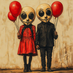 8 Men In A Mask Poster, Red Balloons, Twin Figures Art Print, Unique Home Decor, Wall Art, Horror Room Print, Gift Idea, Halloween.