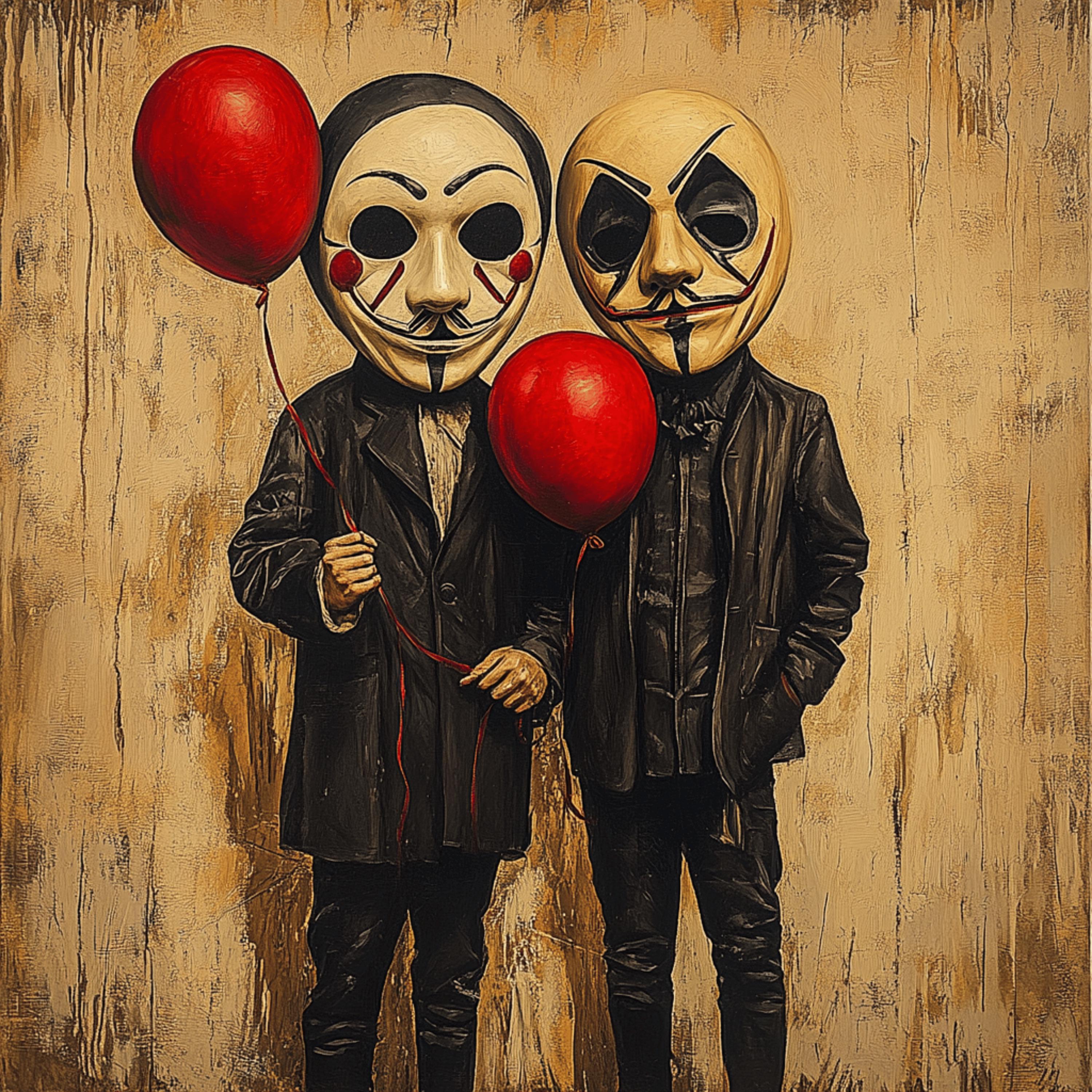 8 Men In A Mask Poster, Red Balloons, Twin Figures Art Print, Unique Home Decor, Wall Art, Horror Room Print, Gift Idea, Halloween.