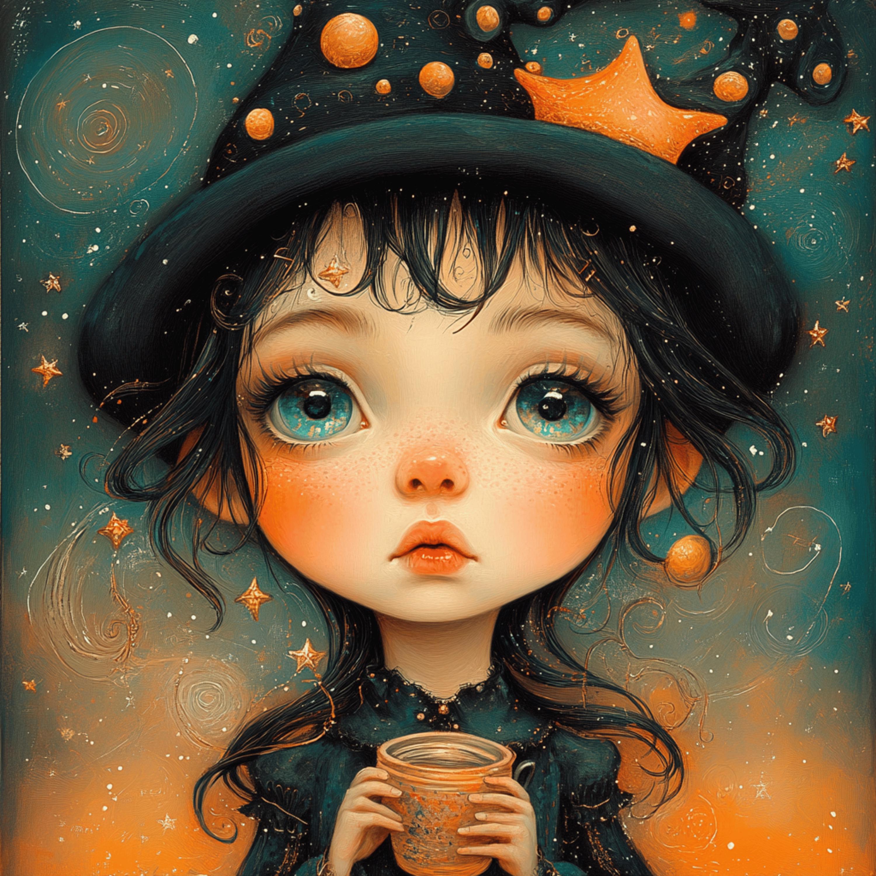 16 Whimsical Witch Art Poster Cute Witch Girl Decor Fantasy Wall Art Halloween Kids Room Poster Magical Young Witch Illustration Printable