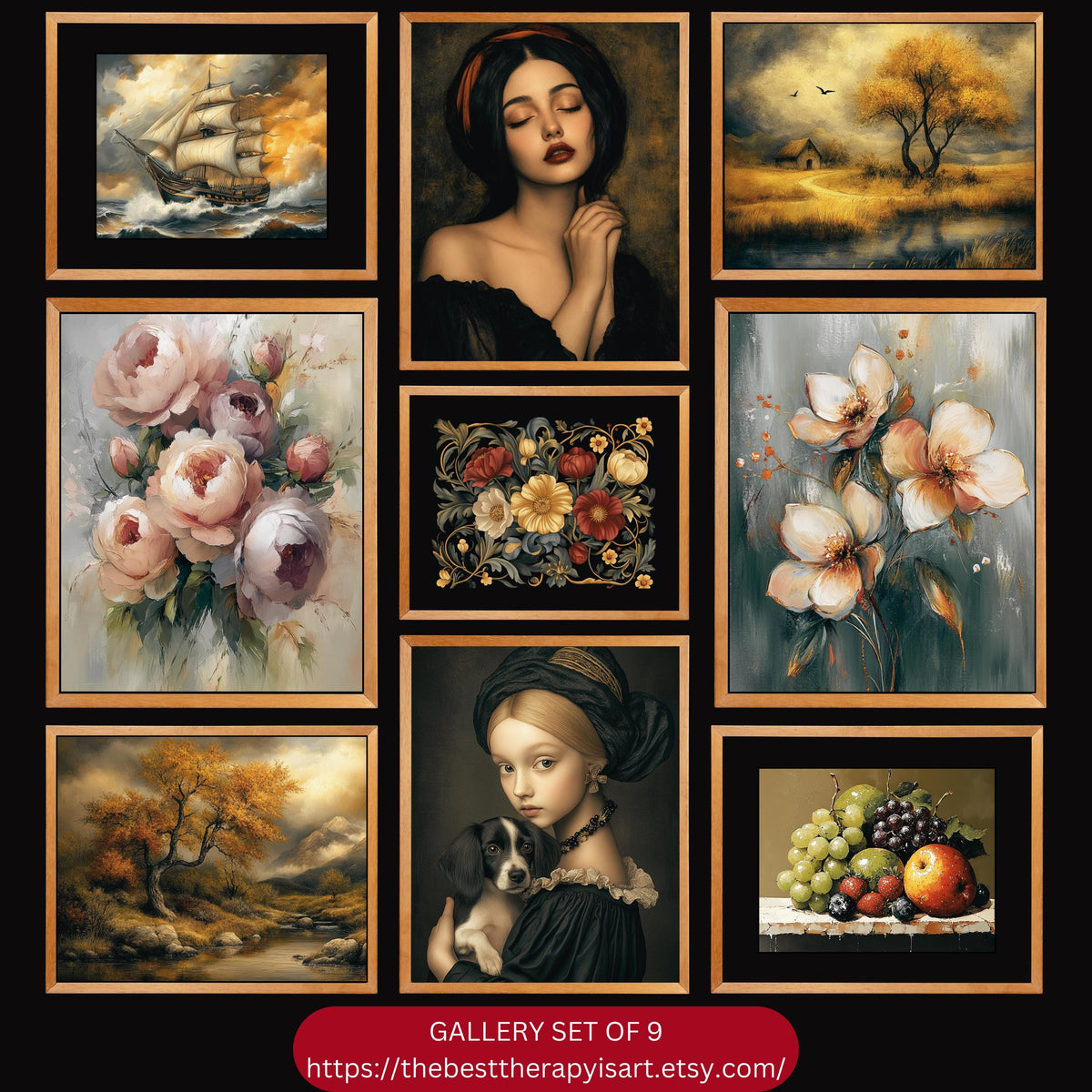 PRINTABLE Art Gallery Wall SET of 9 Digital Downloadable Vintage Artwork Collection Warm Neutral Tones | The Best Therapy Is Art | Gallery 1