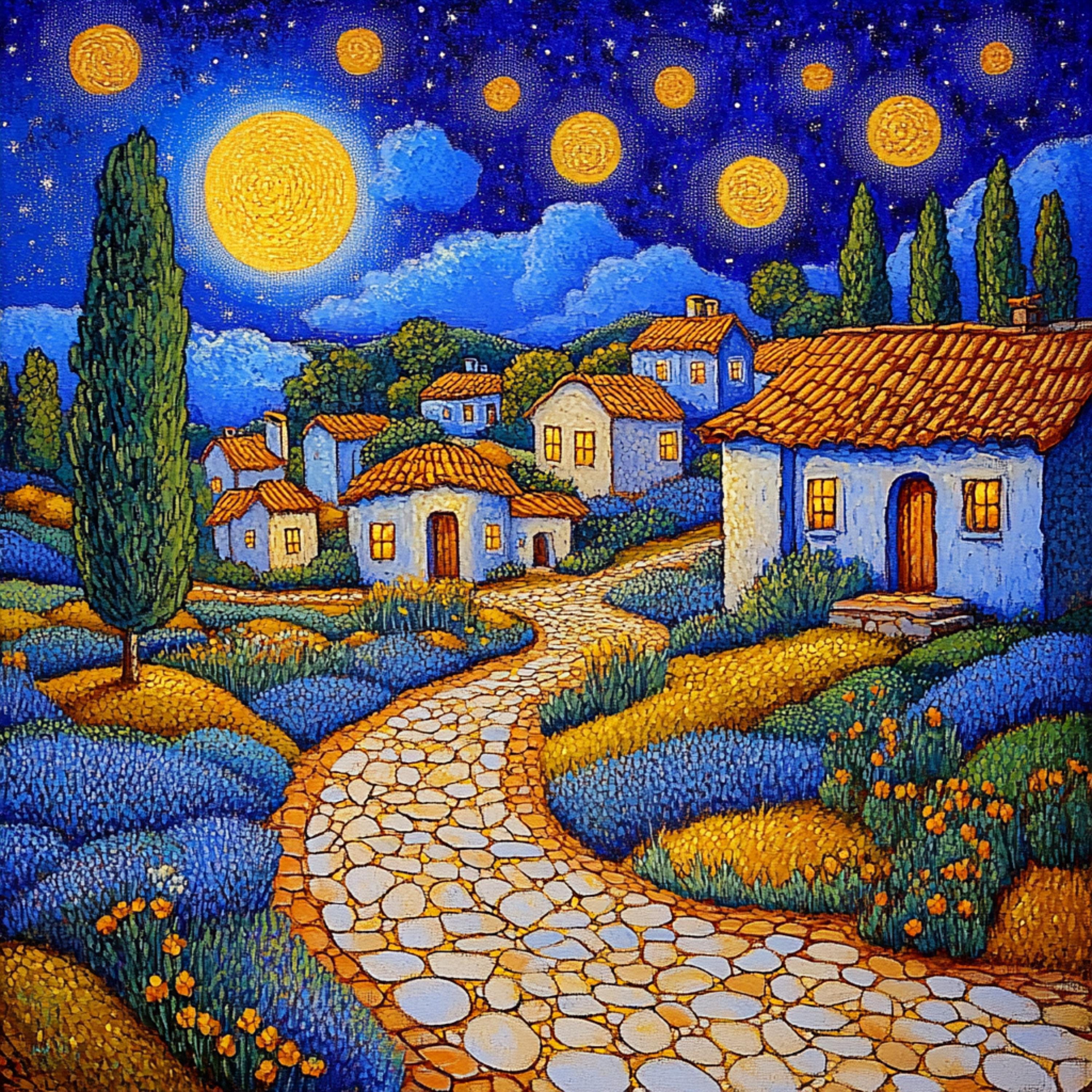 Starry Night Village Town Art Digital Download Set of 12, Night Sky Large Square Artwork for Home Decor, Starry Night Artwork