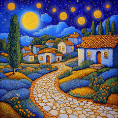 Starry Night Village Town Art Digital Download Set of 12, Night Sky Large Square Artwork for Home Decor, Starry Night Artwork