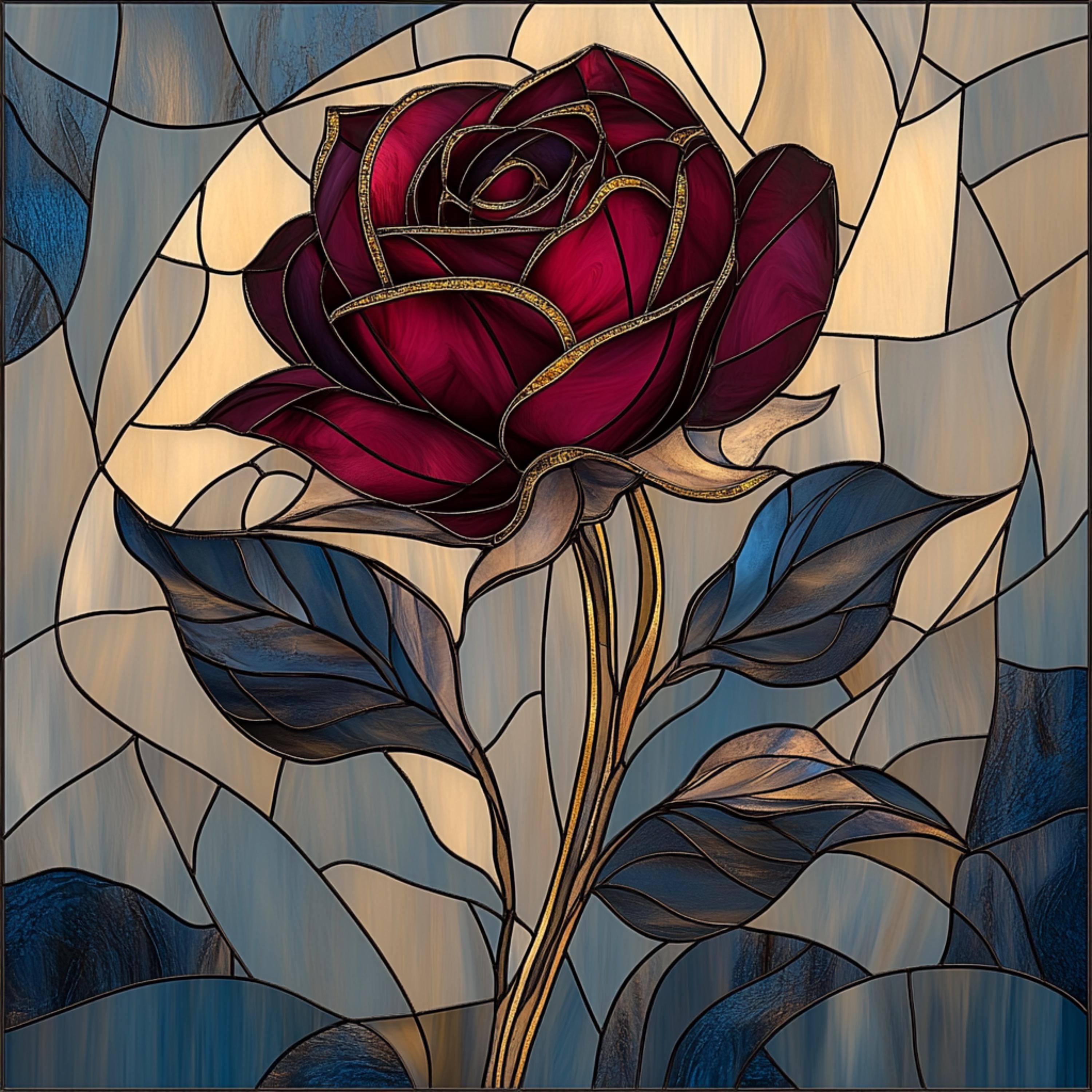 12 Stained Glass Rose Art Print, Large Square Poster, Living Room Wall Art, Over-the-Bed Decoration, Digital Rose Artwork Set, Printable Art